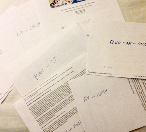 My plane tickets neatly stacked...