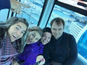 Inside the Finnair Skywheel - quite blue... Also, one of the pods has a see-through floor and champagne service (but it costs A LOT).